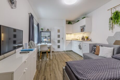 Obytná část apartmánu s televizí, jídelním koutem a kuchyní – Neratovice, Masarykova 69/2