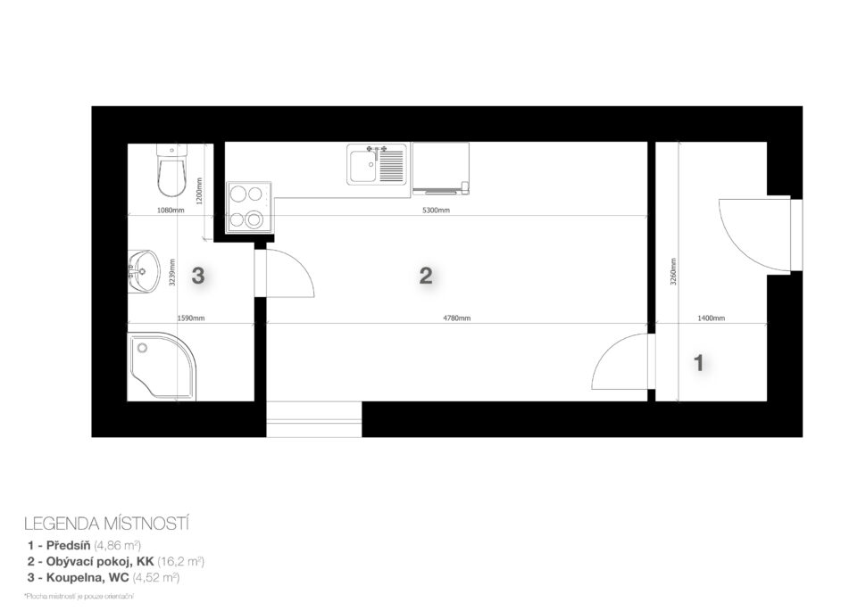 2D půdorys s rozměry apartmánu 1+kk, Masarykova 69/2, Neratovice