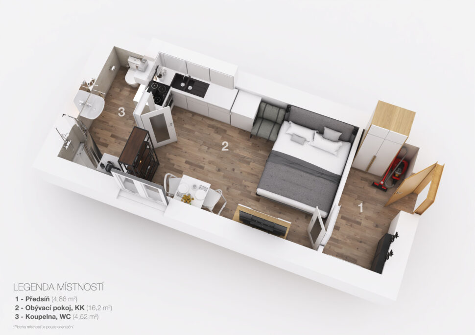 3D půdorys apartmánu 1+kk, Masarykova 69/2, Neratovice
